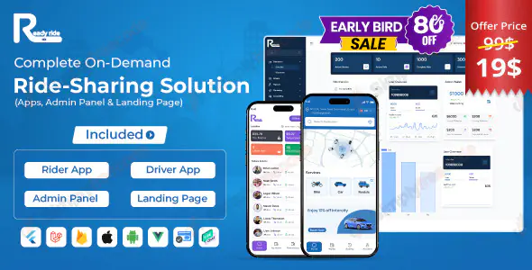 ReadyRide v2.0.0 - Complete Ride Sharing Rider & Driver Mobile Apps with Web Admin Panel
